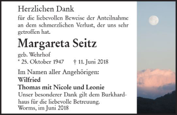 Traueranzeige von Margareta Seitz von Trauerportal Rhein Main Presse