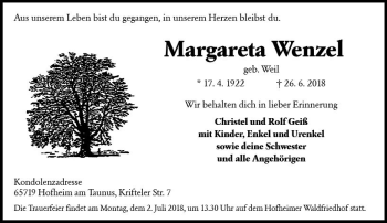 Traueranzeige von Margareta Wenzel von Trauerportal Rhein Main Presse