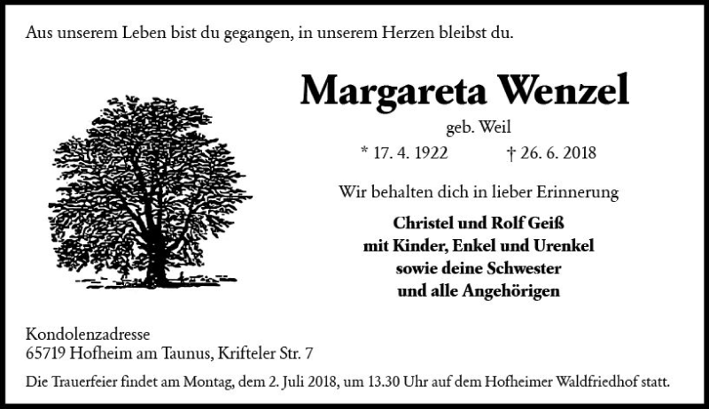  Traueranzeige für Margareta Wenzel vom 29.06.2018 aus Trauerportal Rhein Main Presse