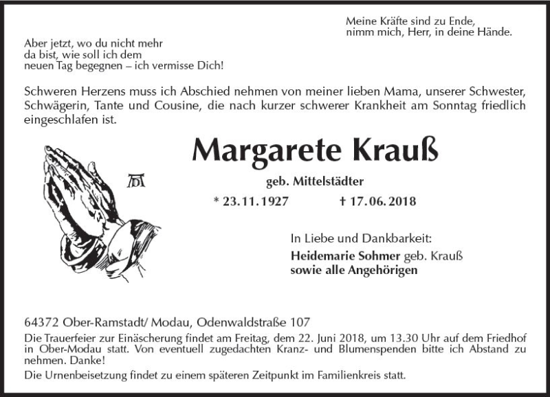  Traueranzeige für Margarete Krauß vom 20.06.2018 aus Trauerportal Rhein Main Presse