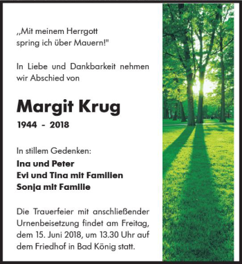 Traueranzeige von Margit Krug von Trauerportal Rhein Main Presse