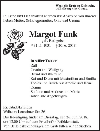 Traueranzeige von Margot Funk von Trauerportal Rhein Main Presse