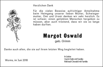 Traueranzeige von Margot Oswald von Trauerportal Rhein Main Presse