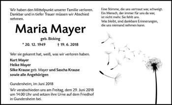 Traueranzeige von Maria Mayer von Trauerportal Rhein Main Presse