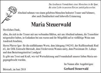 Traueranzeige von Maria Steuerwald von Trauerportal Rhein Main Presse