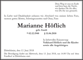 Traueranzeige von Marianne Höflich von Trauerportal Rhein Main Presse