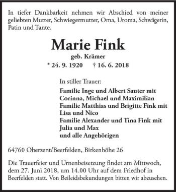 Traueranzeige von Marie Fink von Trauerportal Rhein Main Presse
