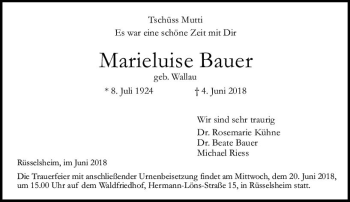 Traueranzeige von Marieluise Bauer von Trauerportal Rhein Main Presse