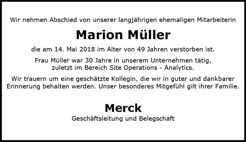  Traueranzeige für Marion Müller vom 07.06.2018 aus Trauerportal Rhein Main Presse