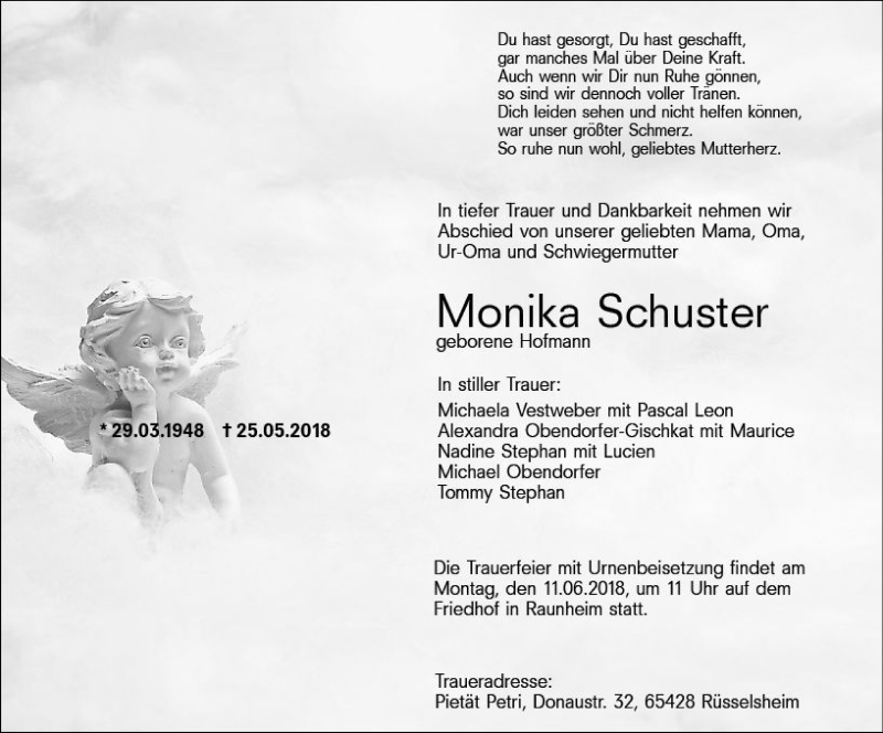  Traueranzeige für Monika Schuster vom 01.06.2018 aus Trauerportal Rhein Main Presse