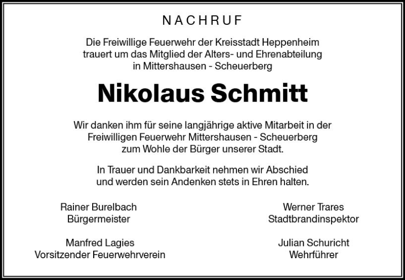  Traueranzeige für Nikolaus Schmitt vom 16.06.2018 aus Trauerportal Rhein Main Presse