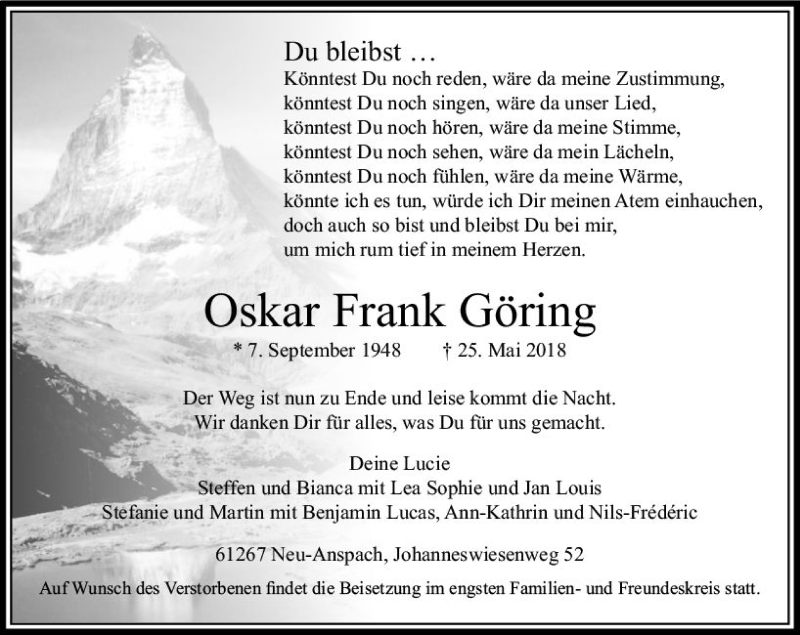  Traueranzeige für Oskar Frank Göring vom 02.06.2018 aus  Usinger Anzeiger
