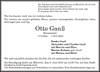 Traueranzeige von Otto Ganß von Trauerportal Rhein Main Presse