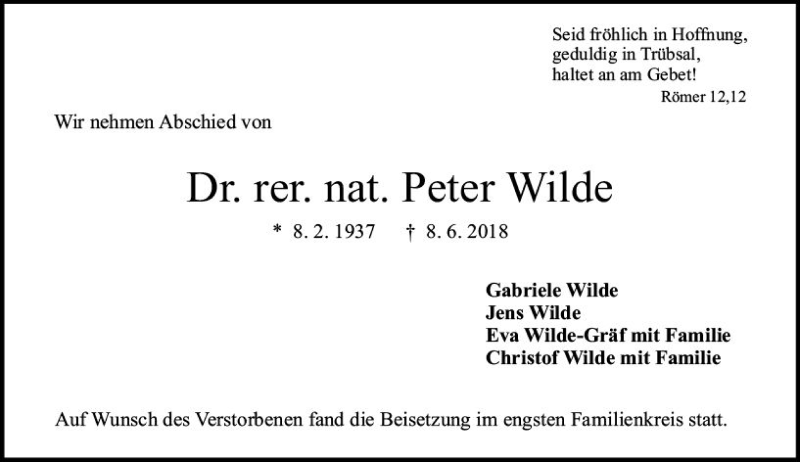  Traueranzeige für Peter Wilde vom 30.06.2018 aus Trauerportal Rhein Main Presse