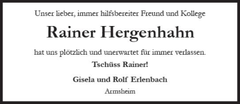 Traueranzeige von Rainer Hergenhahn von Trauerportal Rhein Main Presse