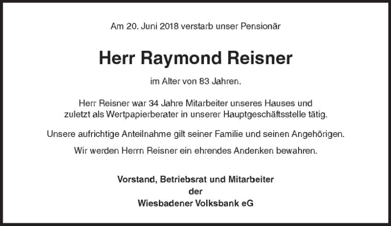  Traueranzeige für Raymond Reisner vom 30.06.2018 aus Trauerportal Rhein Main Presse