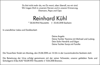 Traueranzeige von Reinhard Kühl von Trauerportal Rhein Main Presse