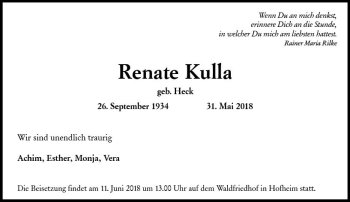 Traueranzeige von Renate Kulla von Trauerportal Rhein Main Presse