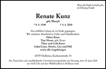 Traueranzeige von Renate Kunz von Trauerportal Rhein Main Presse