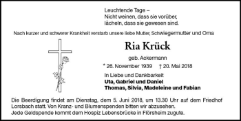 Traueranzeige von Ria Krück von Trauerportal Rhein Main Presse