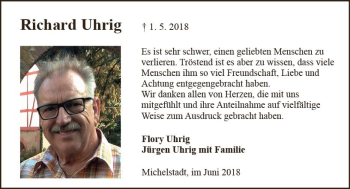 Traueranzeige von Richard Uhrig von Trauerportal Rhein Main Presse