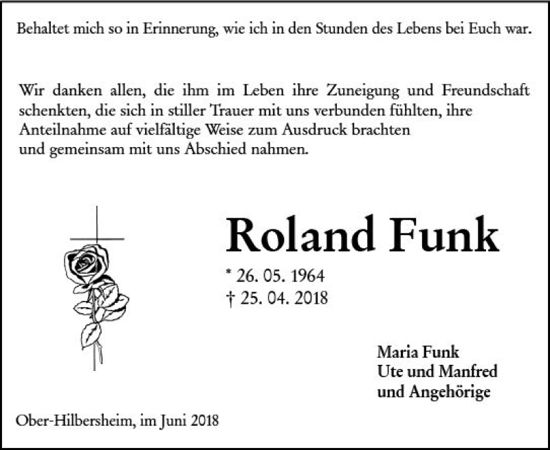  Traueranzeige für Roland Funk vom 02.06.2018 aus Trauerportal Rhein Main Presse