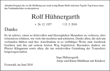 Traueranzeige von Rolf Hühnergarth von  Gießener Anzeiger