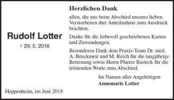 Traueranzeige von Rudolf Lotter von Trauerportal Rhein Main Presse