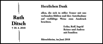 Traueranzeige von Ruth Ditsch von Trauerportal Rhein Main Presse