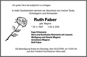 Traueranzeige von Ruth Faber von Trauerportal Rhein Main Presse