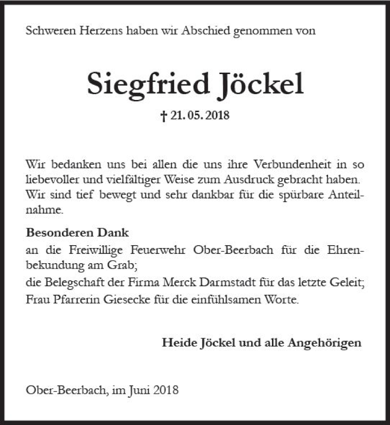  Traueranzeige für Siegfried Jöckel vom 09.06.2018 aus Trauerportal Rhein Main Presse