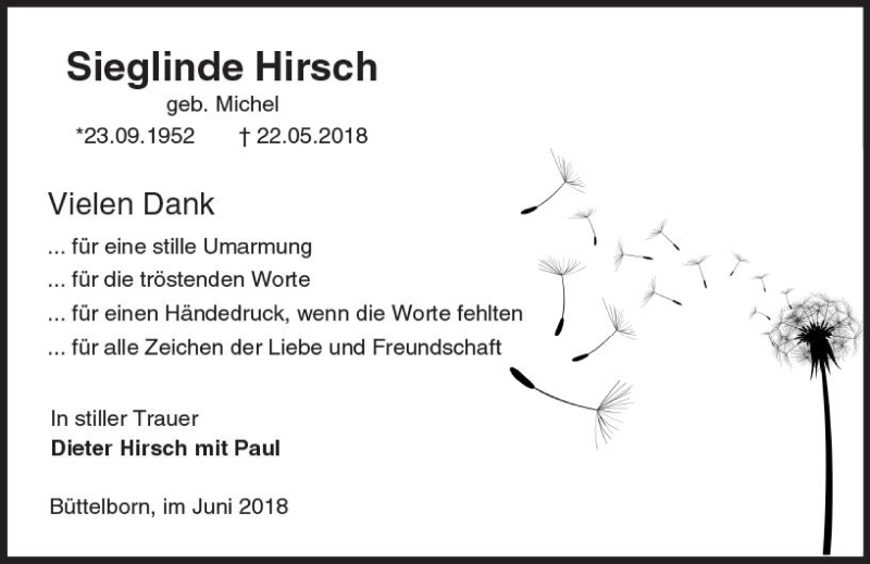  Traueranzeige für Sieglinde Hirsch vom 30.06.2018 aus Trauerportal Rhein Main Presse