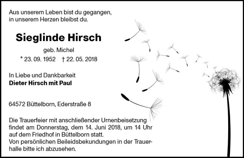 Traueranzeige für Sieglinde Hirsch vom 09.06.2018 aus Trauerportal Rhein Main Presse