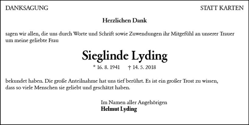 Traueranzeige für Sieglinde Lyding vom 06.06.2018 aus Trauerportal Rhein Main Presse
