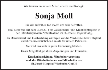 Traueranzeige von Sonja Moll von Trauerportal Rhein Main Presse