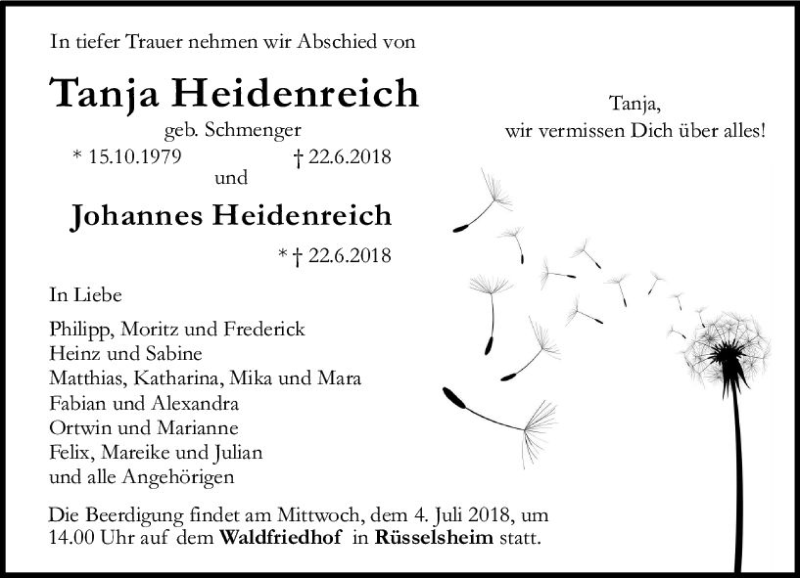  Traueranzeige für Tanja Heidenreich vom 30.06.2018 aus Trauerportal Rhein Main Presse