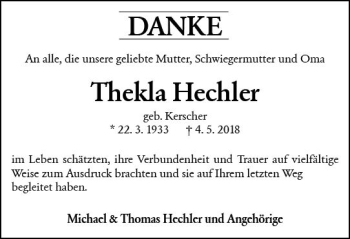 Traueranzeige von Thekla Hechler von Trauerportal Rhein Main Presse