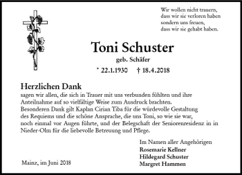 Traueranzeige von Toni Schuster von Trauerportal Rhein Main Presse
