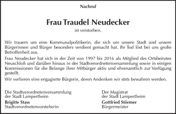 Traueranzeige von Traudel Neudecker von Trauerportal Rhein Main Presse