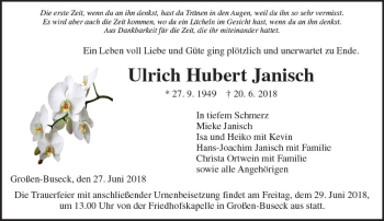 Traueranzeige von Ulrich Hubert Janisch von  Gießener Anzeiger