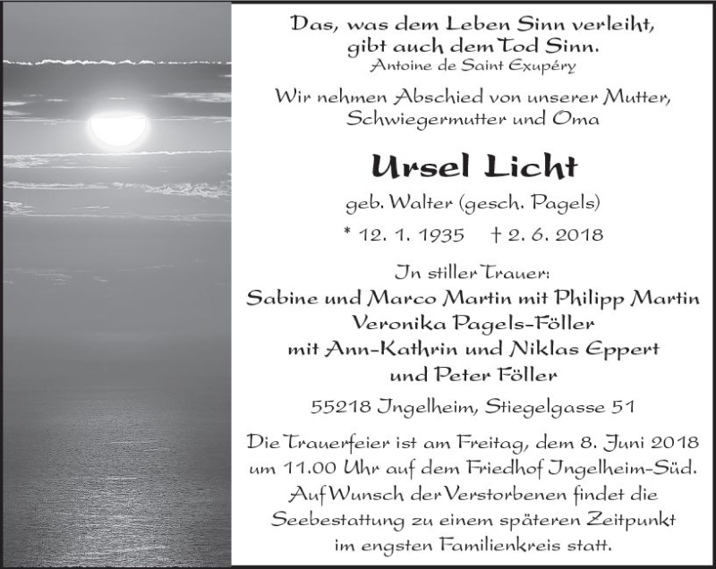  Traueranzeige für Ursel Licht vom 06.06.2018 aus Trauerportal Rhein Main Presse