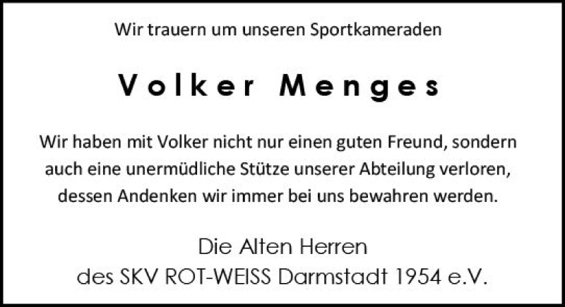  Traueranzeige für Volker Menges vom 02.06.2018 aus Trauerportal Rhein Main Presse