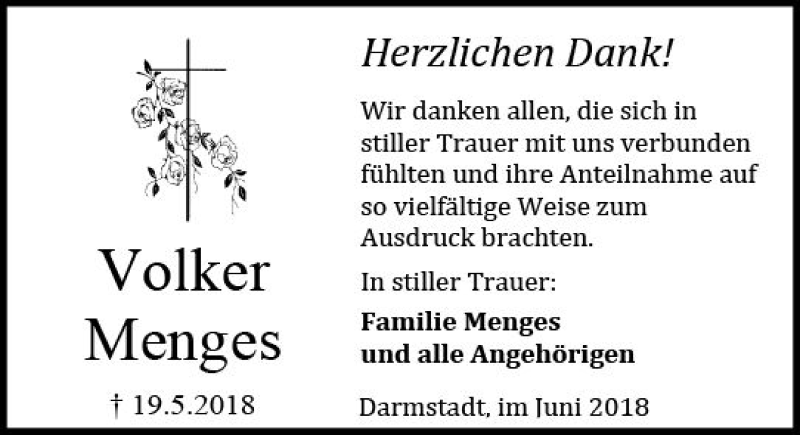  Traueranzeige für Volker Menges vom 09.06.2018 aus Trauerportal Rhein Main Presse