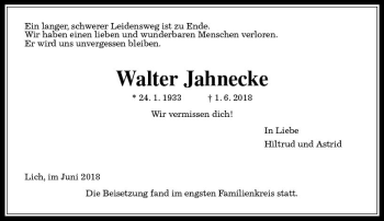 Traueranzeige von Walter Jahnecke von  Gießener Anzeiger