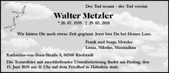 Traueranzeige von Walter Metzler von Trauerportal Rhein Main Presse