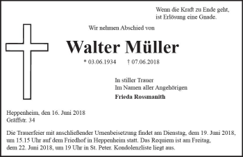 Traueranzeige von Walter Müller von Trauerportal Rhein Main Presse