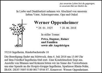 Traueranzeige von Werner Oppenheimer von Trauerportal Rhein Main Presse