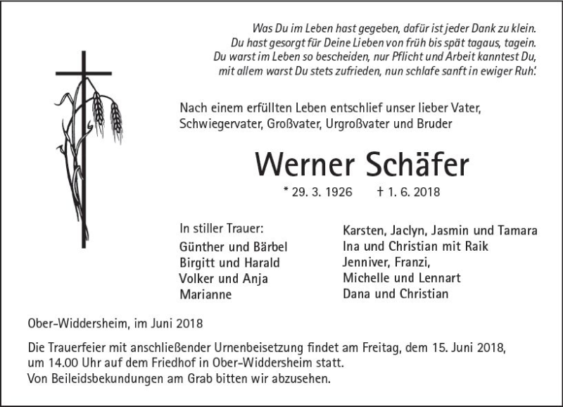  Traueranzeige für Werner Schäfer vom 09.06.2018 aus  Kreisanzeiger
