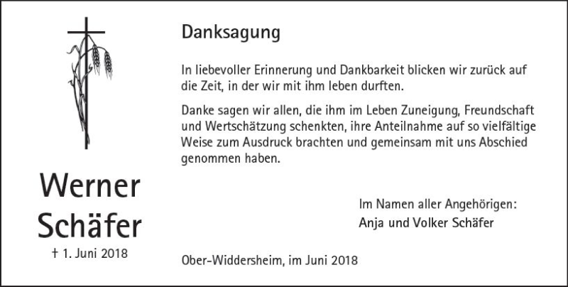  Traueranzeige für Werner Schäfer vom 30.06.2018 aus  Kreisanzeiger