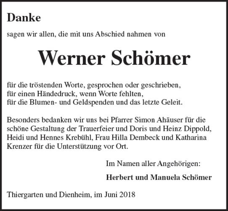  Traueranzeige für Werner Schömer vom 09.06.2018 aus Trauerportal Rhein Main Presse